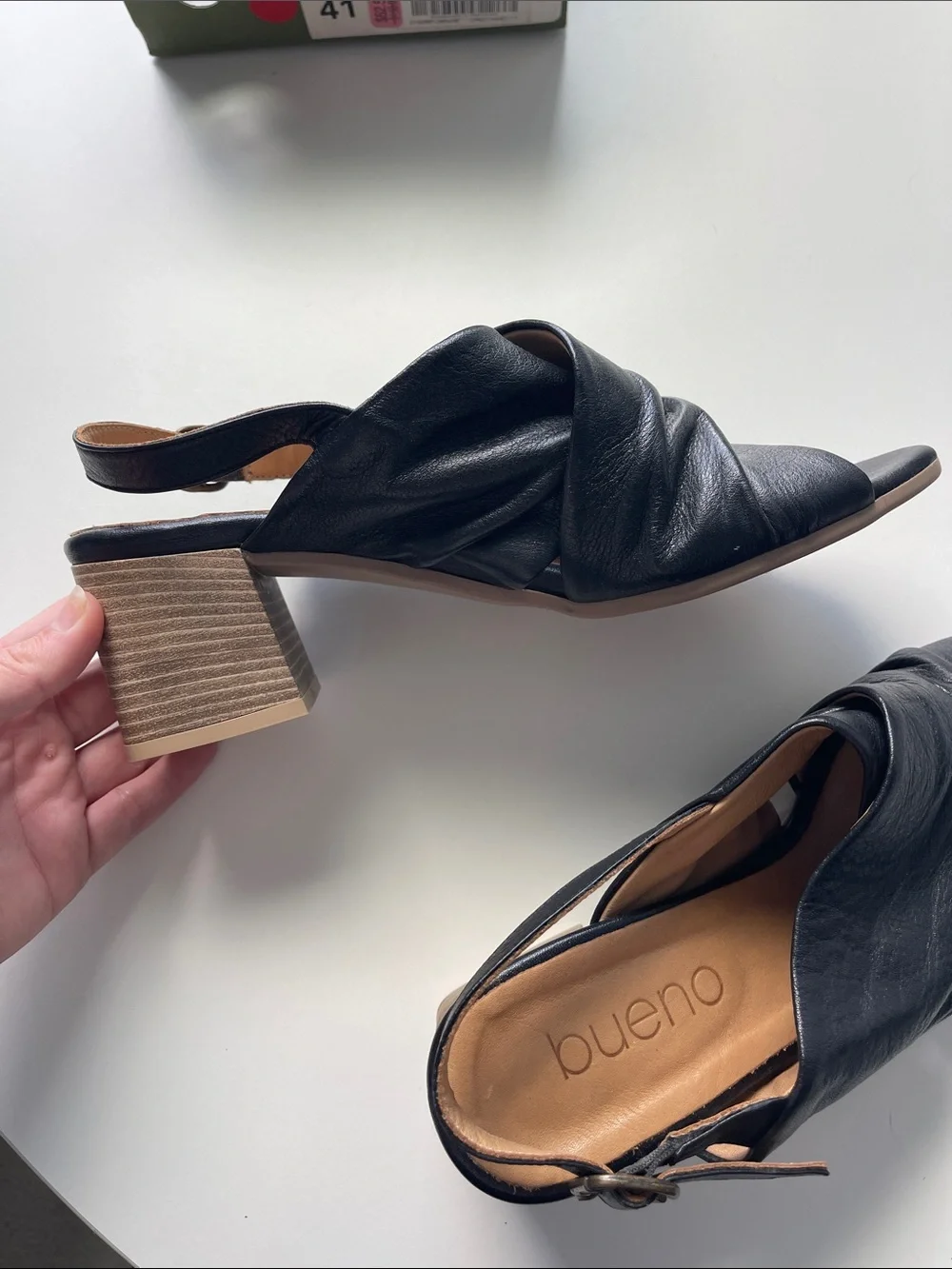 Bueno Black Leather Twisted Strap Slingback Block Heels